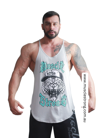 Grey With Aqua Muscle Strong Stringer Singlet
