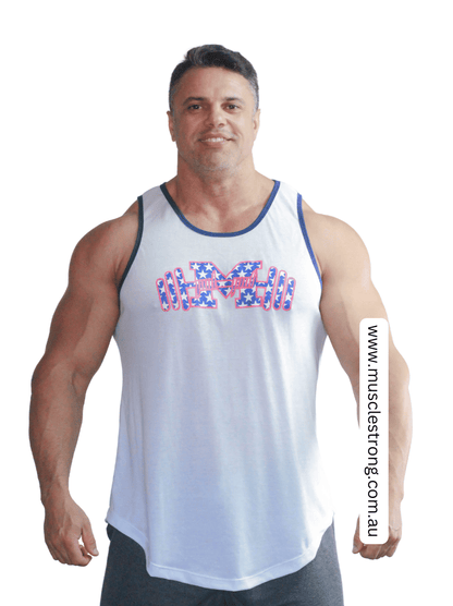 White Blue Stars Muscle Strong Tank Singlet